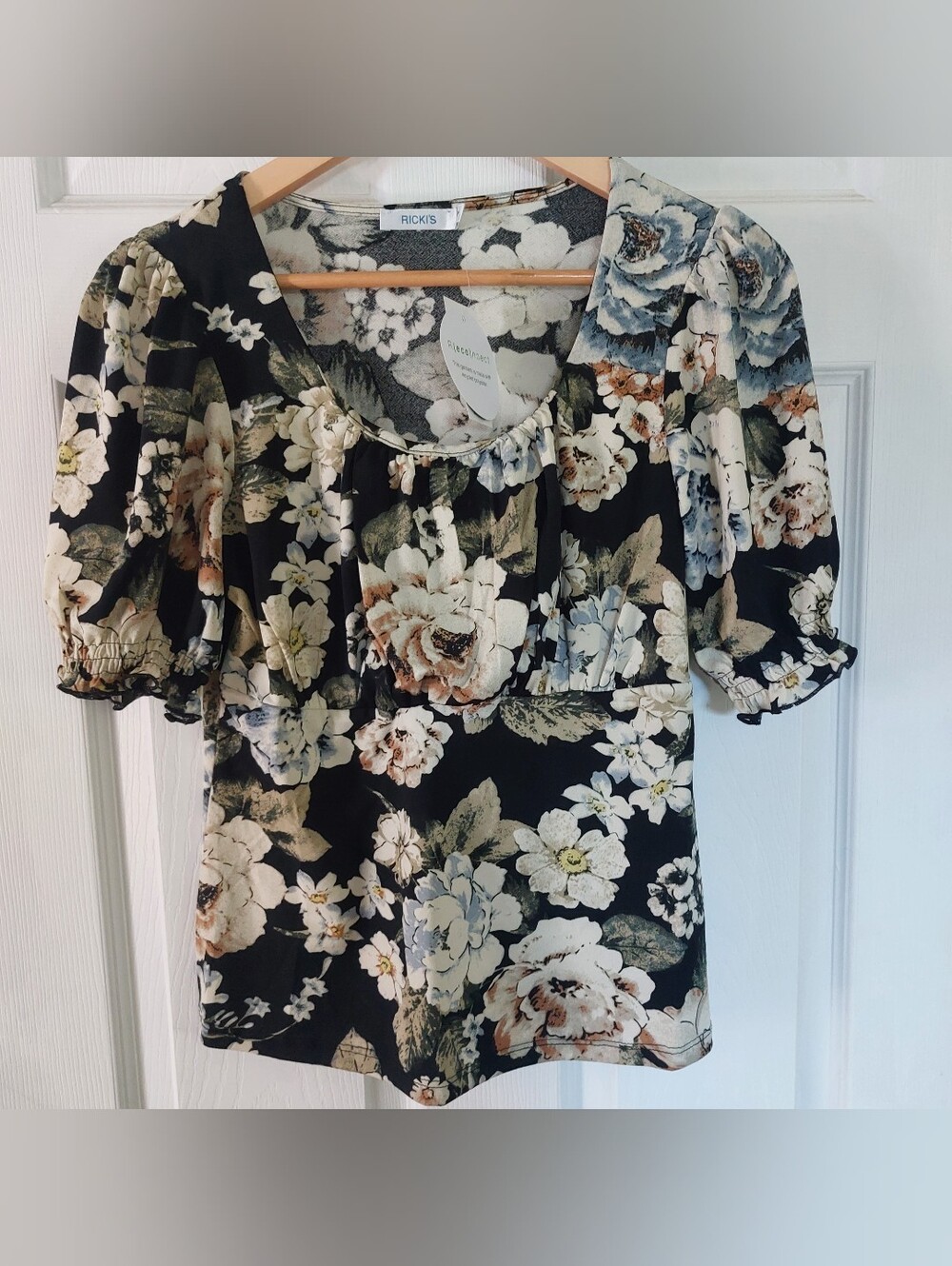 Ricki's Black Floral Puff-Sleeve Blouse with Cream and Blue Roses